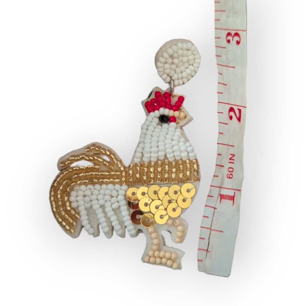 Rooster Chicken Beaded Earrings Farmcore Cottagecore - Picture 3 of 4
